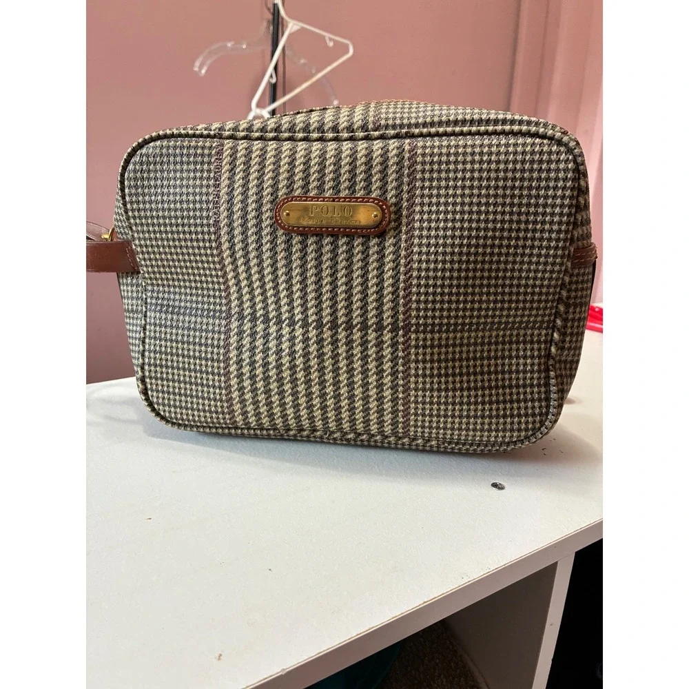 Vintage Polo Ralph Lauren Houndstooth Toiletry Bag Leather Trim Makeup Bag Brown